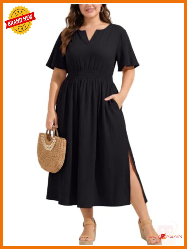 Plus Size Summer Maxi Dress With Pockets, Flutter Sleeves, V-Neck, Empire